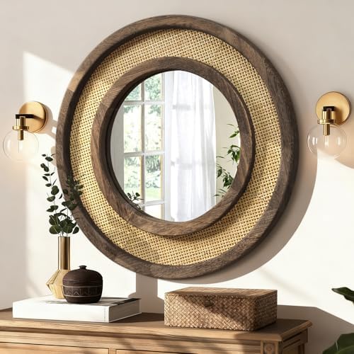 JJUUYOU Round Mirror with Wood Frame Circle Mirrors by JJUUYOU