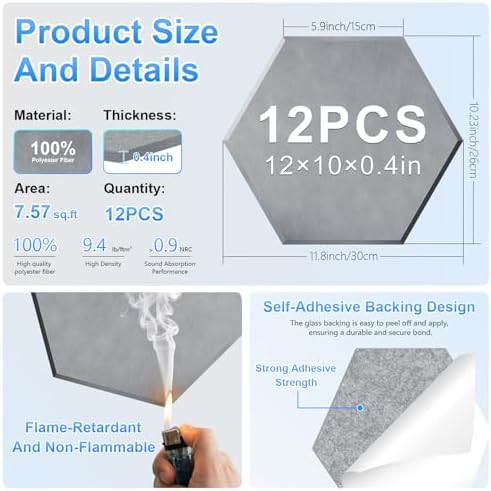 12 Pack Hexagon Acoustic Panels, Self-Adhesive Sound Deadening Panels, Sound - Image 2