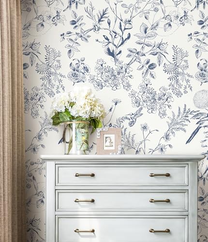 Safiyya Peel and Stick Modern Wallpaper Floral Birds Contact Paper Blue and - Image 3