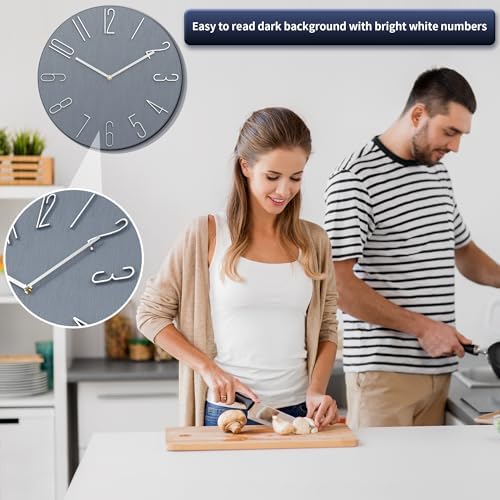 12 Inch Wall Clock Silent Non Ticking, 3D Relief Numbers Modern Style Decor - Image 3