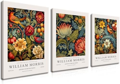 William Morris Canvas Wall Art Set of 3, Vintage Flower and Bird Animal Poster by AKWISHWallArt