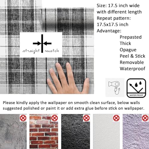 Livelynine 17.5x276 Plaid Peel and Stick Wallpaper Black and White Gingham - Image 6