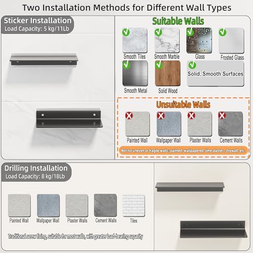 HNVNER Metal Floating Shelves Set of 2, Small Adhesive Wall Shelf - Image 6