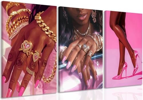 Pink Fashion Black Girl Canvas Wall Art Set of 3 African American Black Woman by UcninvdWallart