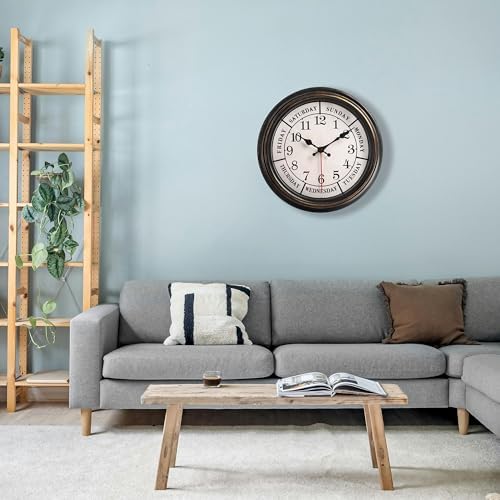 zyzamay 12 Inch Retro Wall Clock, Classic Day of The Week Wall Clock, - Image 4