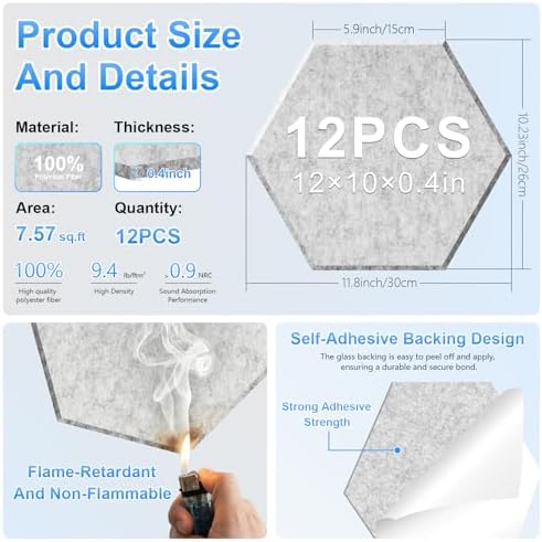 12 Pack Hexagon Acoustic Panels, Self-Adhesive Sound Deadening Panels, Sound - Image 2