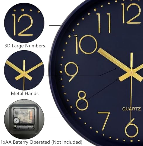 14Inch Navy Blue Silent Wall Clock Battery Operated Clocks - Image 6