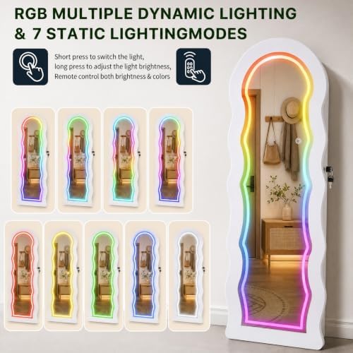 Fiqevs Wall/Door Mirror Jewelry Cabinet, Remote Control RGB Light Mirror - Image 4
