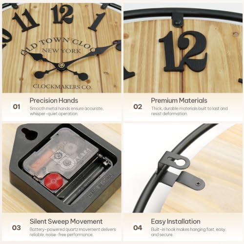 Farmhouse Wall Clock for Living Room Decor, 20 Inch Rustic Wood Metal Clock - Image 6
