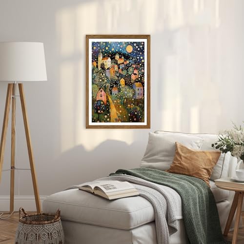 AVECCO Gustav Klimt Style Village Night Wall Art Framed Canvas 16x24 inch - Image 3