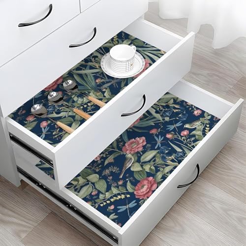 Navy Bird and Floral Peel and Stick Wallpaper Vintage 17in x 393in - Image 2