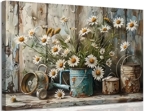 Rustic Farmhouse Daisy Canvas Wall art Vintage Country White Daisy Picture Wall by ZLXARTLA