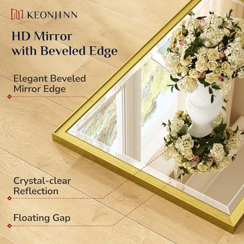 Keonjinn Brushed Gold Bathroom Mirror 24" x 36", Safe HD Tempered Glass - Image 4