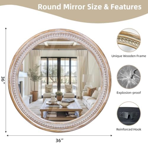 36 Inch Large Round Wood Mirror, Rustic Farmhouse Circle Mirrors - Image 3