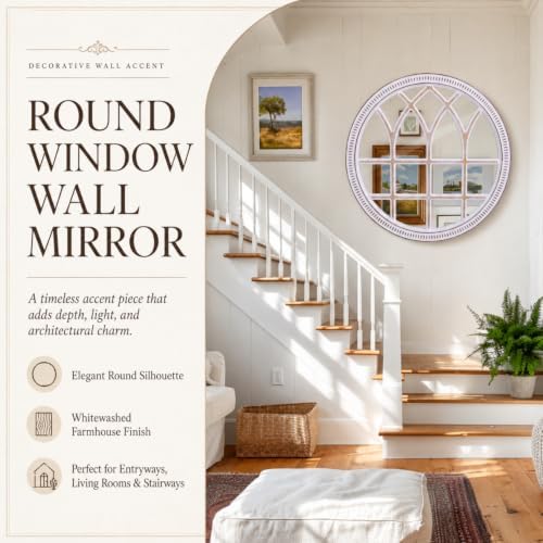 Round Window Mirror Wood 30 Inch Rustic Farmhouse Wall Mirrors - Image 4