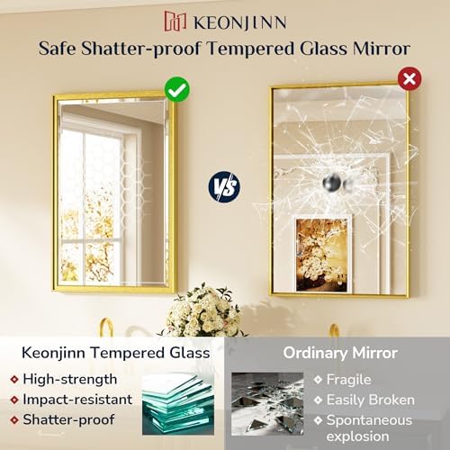 Keonjinn 42" x 36" Brushed Gold Bathroom Mirror, Safe HD Tempered Glass - Image 6