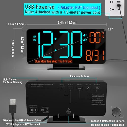 KOSUMOSU Alarm Clocks for Bedrooms, 6.7" Black Small Digital Clock LED - Image 5