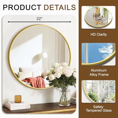 FGU Round Bathroom Mirror for Over Sink 22" Gold Circle Wall Mirror - Image 3