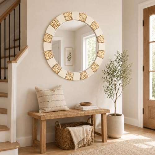 Saliwa 27 Inch Round Bathroom Mirror, Wood Framed Wall Mirror, Rustic Farmhouse - Image 7