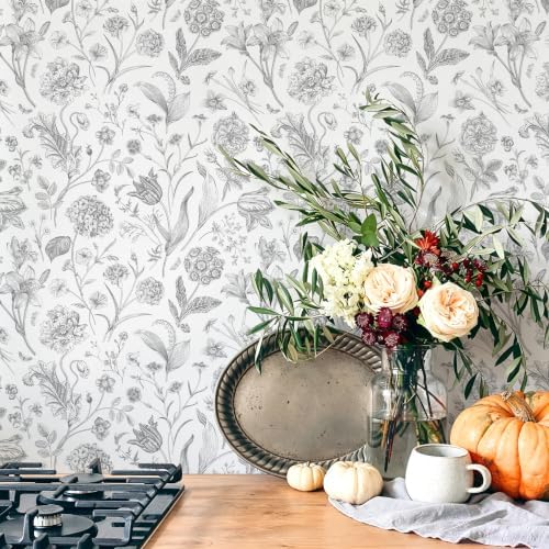 White Grey Vintage Floral Peel and Stick Wallpaper 17in x 118in - Image 3