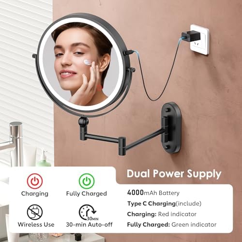 ZLOKLA 9" Wall Mounted Lighted Makeup Mirror, 4000mAh Rechargeable Double Sided - Image 4
