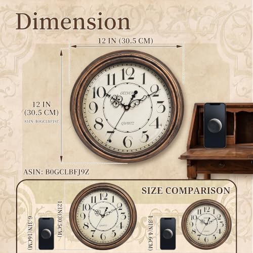 Geevon Vintage Wall Clock, Silent 12" Non Ticking Retro Round Clock Quartz - Image 3