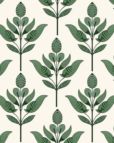BOKEBEVE Boho Leaf Peel Stick Wallpaper Damask Beige Green 17.5 x 393.5In by BOKEBEVE