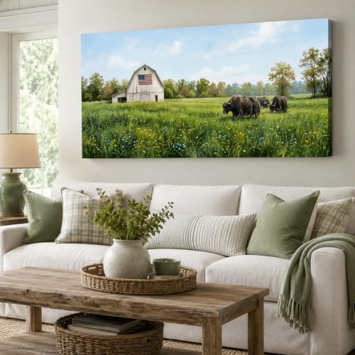 Anolyfi Farmhouse Highland Cow Barn Canvas Wall Art Decor 40"x20" by Anolyfi