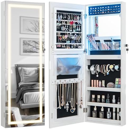 CHARMAID LED Mirror Jewelry Cabinet, Lockable Jewelry Armoire by CHARMAID