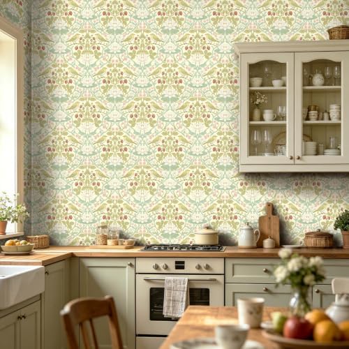 BOKEBEVE Bird Floral Wallpaper Peel Stick Beige Yellow Green 17.5 x 118In - Image 2