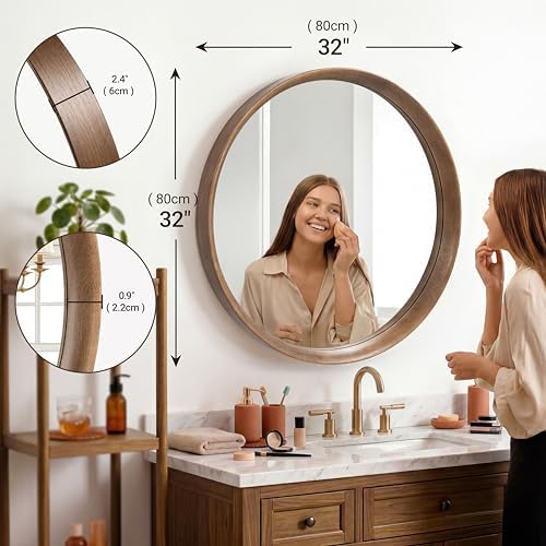 Brakki Round Wall Mirror with Wood Frame - Image 2