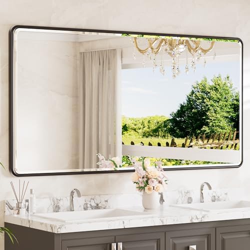 TETOTE Black Framed Bathroom Mirror 72 x 36 Large Beveled Edge Tempered Glass by TETOTE