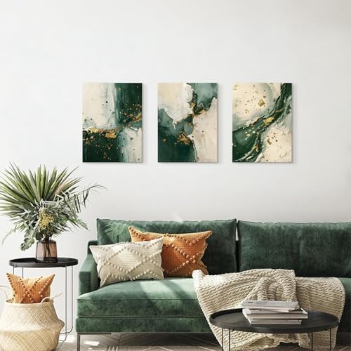 3pcs Emerald Green Wall Decor Living Room, Modern Green and Gold Marble - Image 2