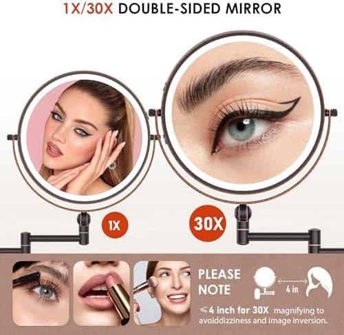 9" Wall Mounted Lighted Makeup Mirror, 4000mAh Rechargeable Double Sided 1X/30X - Image 3
