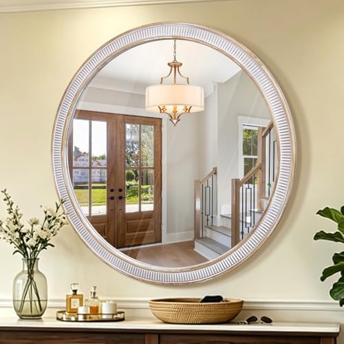 36 Inch Large Round Wood Mirror, Farmhouse Bathroom Mirrors by BaroqueFarmhouseWallMirro