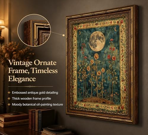 Vintage Gold Framed Celestial Moon Wall Art, Tarot Crescent Moon Painting - Image 3