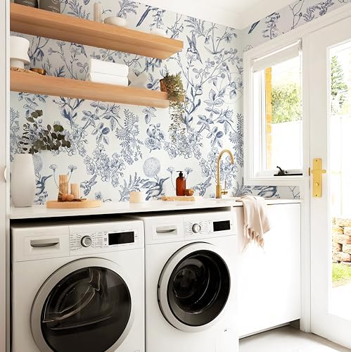Safiyya Peel and Stick Modern Wallpaper Floral Birds Contact Paper Blue and - Image 2
