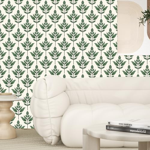 BOKEBEVE Boho Leaf Peel Stick Wallpaper Damask Beige Green 17.5 x 393.5In - Image 4