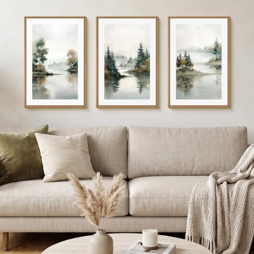 Large Foggy Forest Landscape Framed Canvas Wall Art Set, Natural Lake Scenery - Image 2