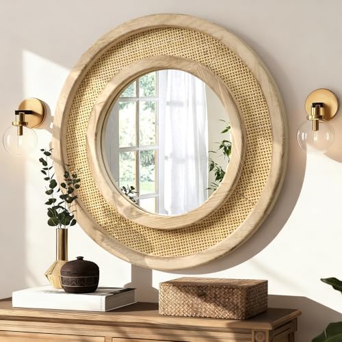 JJUUYOU Wood Mirror with Wood Frame Circle Mirrors by JJUUYOU