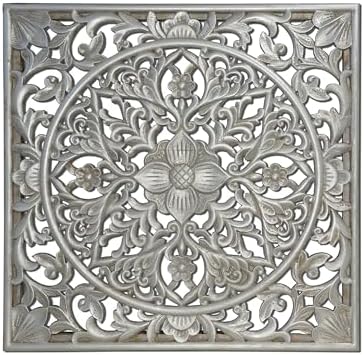 XIAOAIKA Boho Carved Wood Wall Art Panel, Floral Mandala, Distressed Silver - Image 2