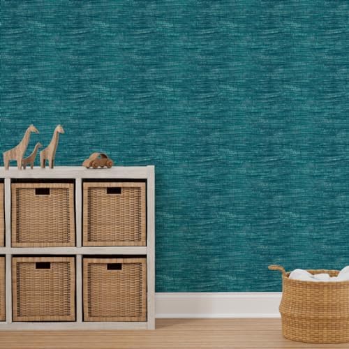 Spoonflower Faux Grasscloth Teal Peel and Stick Removable Wallpaper - Image 7