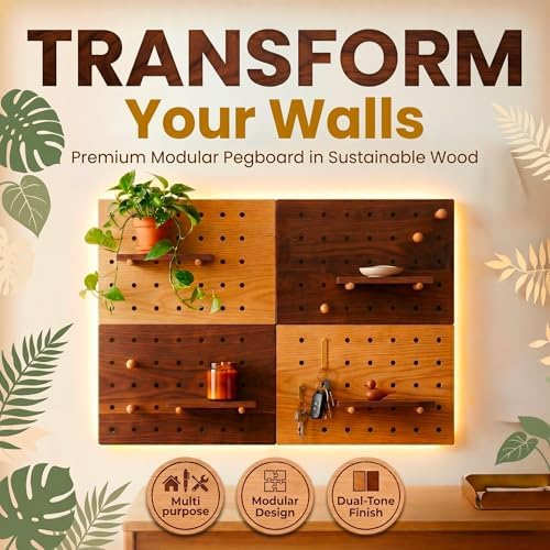 Wooden Pegboard Wall Organizer 2-Tone Kit, 4 Panels, 4 Shelves & 8 Pegs - Image 2