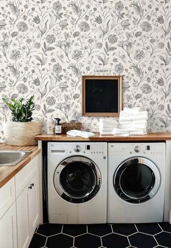 Beige and Black Floral Peel and Stick Wallpaper Floral 17in x 118in - Image 2