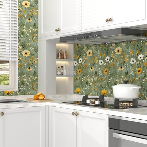 Laatse Vintage Green Yellow Daisy Floral Botanical Wallpaper 17.5"x393" - Image 5
