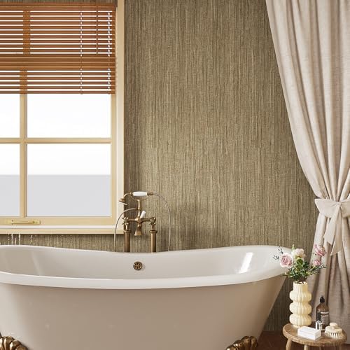 VaryStyle Luxury Brown/Gold Grasscloth Wallpaper Textured Grass Cloth Peel and - Image 2