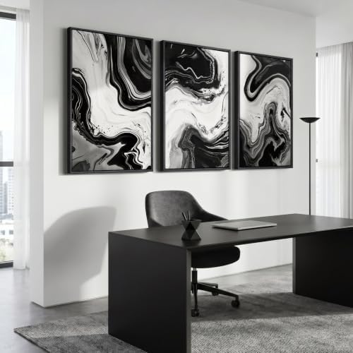 Large Framed Black and White Modern Abstract Wall Art Set of 3, 24x36 In - Image 3