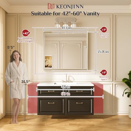 Keonjinn Brushed Nickel Bathroom Vanity Mirror 42 x 36 Inch, Tempered Glass - Image 2