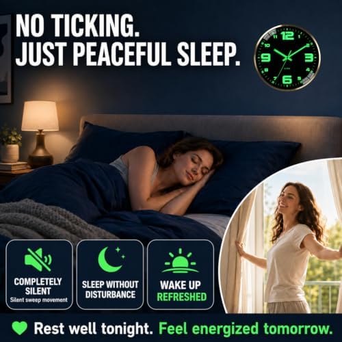 Wall Clock 12 Inch Luminous Silent Large Numerals Black, Metal Frame 1-Pack - Image 4