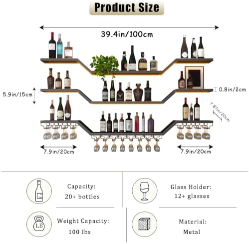 39.4"Modern LED Wine Rack Wall Mounted, 3-Tier Floating Bar Shelves - Image 2